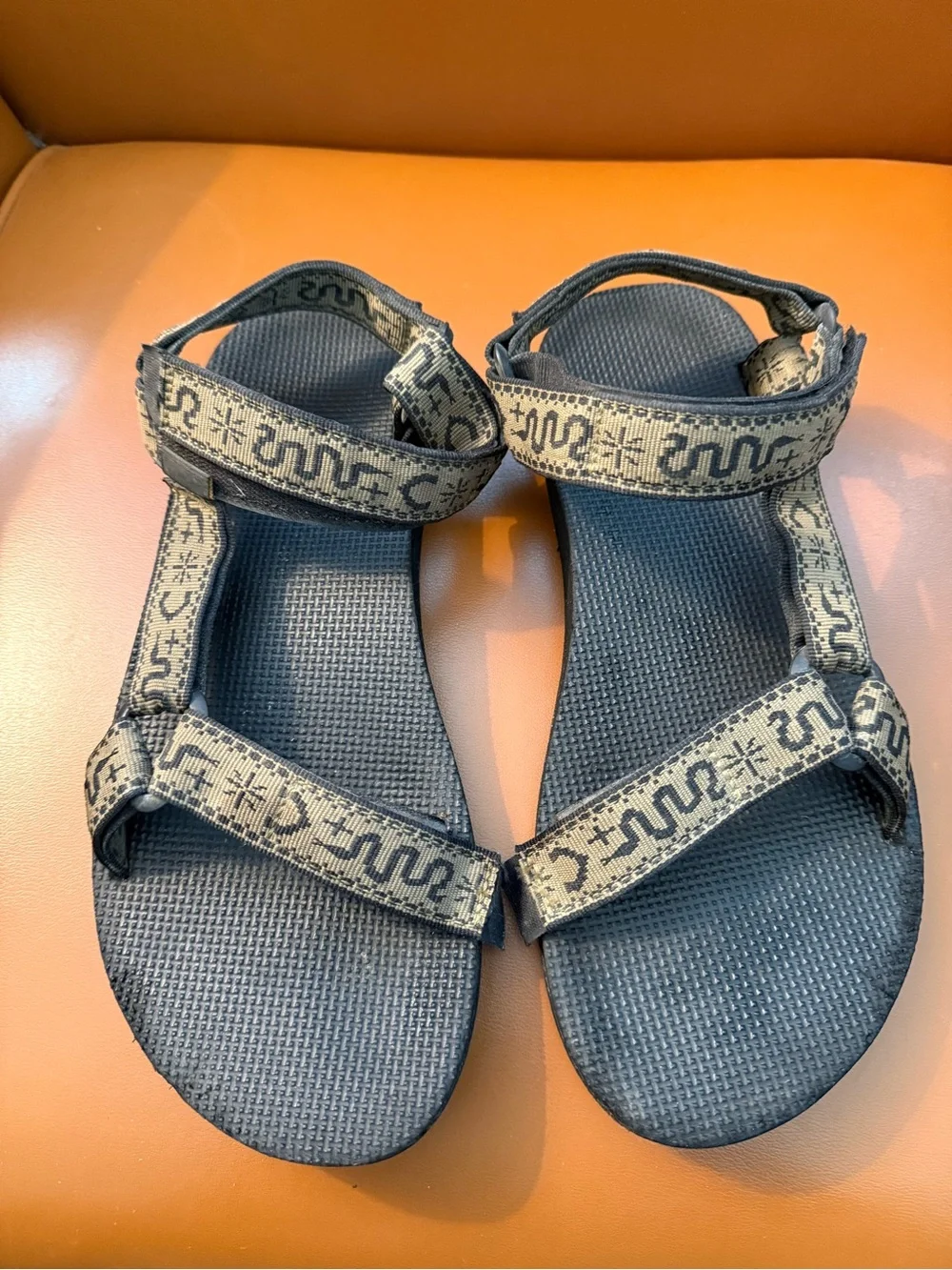 Teva Men's Black Footbed Sandals with Tan Patterned Straps